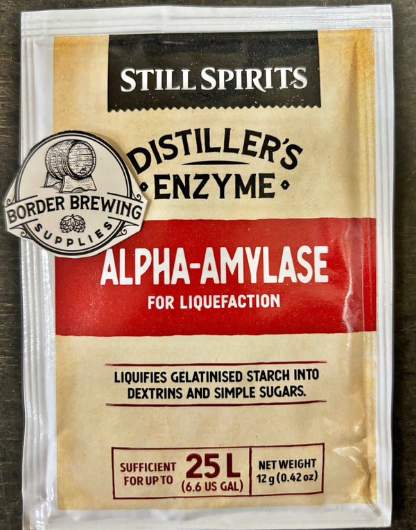 Alpha-Amylase Distiller's Enzyme Still Spirits A bacterially-derived, powdered enzyme which breaks down starch into dextrin's & simple sugars during mashing.  Treats 25L wash