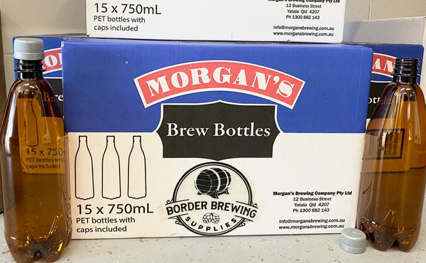 Beer Brew Bottles 750ml PET Amber Morgan's Box of 15 - includes caps  High PSI rating. Which is perfect for bottling Beer, Cider, Ginger Beer, Mead etc  PET bottles are reusable, lightweight & shatterproof.  Two boxes of bottles (30 bottles) are needed for most brews.