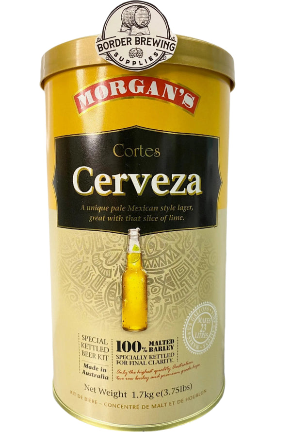 Cortes Cerveza Morgan’s Brewing Co. 1.7kg Malt Extract Brewing Kit Special Kettled Beer Kit A unique pale Mexican style lager, great with that slice of Lime.  Made in Australia with premium quality ingredients. Corona