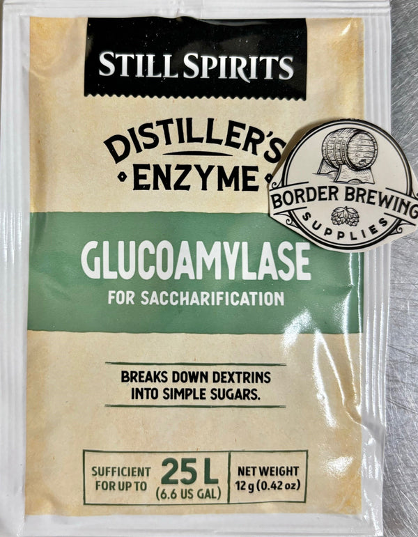 Glucoamylase Distiller's Enzyme Still Spirits A fungal-derived, powdered enzyme for breaking down short chain dextrins in starch substrate mashes to yield simple, fermentable sugars. Glucoamylase is applied either post-mashing or added with yeast for simultaneous saccharification and fermentation. Treats a 25L wash