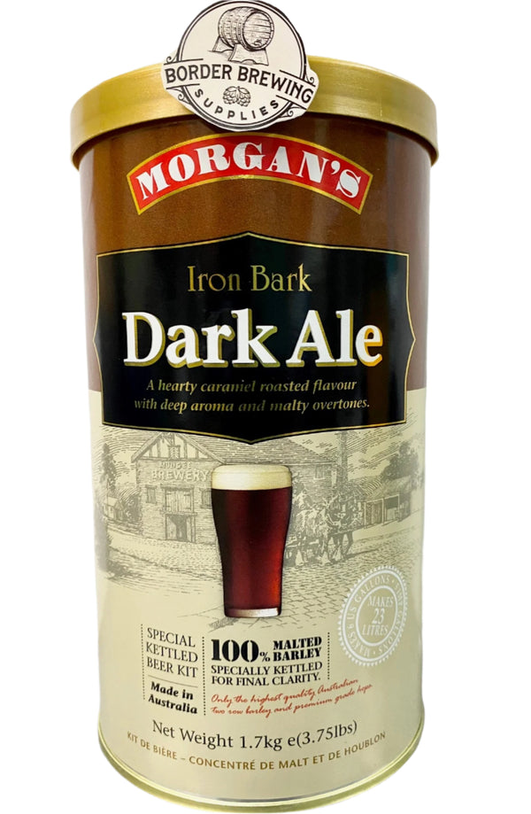 Ironbark Dark Ale Morgan’s Brewing Co. 1.7kg Malt Extract Brewing Kit Special Kettled Beer Kit A hearty caramel roasted flavour with deep aroma & nutty overtones. Powered up with dark crystal malt.  Made in Australia with premium quality ingredients.