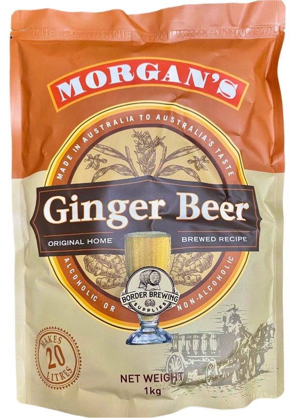 Ginger Beer Morgan’s Brewing Co. Same delicious recipe now packaged in a pouch instead of the old tin style.  Formulated with the perfect balance of Malted Grains & Ginger, this original Morgan's recipe is a perfect summers drink enjoyed in a tall glass filled with ice & a slice of Lime.  Try something different & mix with some Dark Rum over ice.  Makes 20L of Alcoholic or Non-Alcoholic Ginger Beer   Morgan's Ginger Beer is an outstanding brew and is always in high demand. 