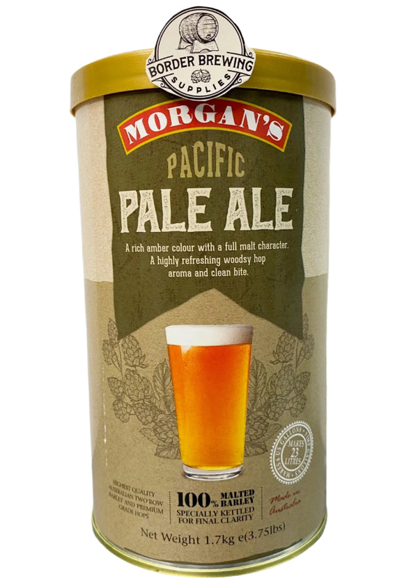 Pacific Pale Ale Morgan’s Brewing Co. 1.7kg Malt Extract Brewing Kit A classic American West Coast craft style beer.  It's definitely the real deal, with a refreshing woodsy hop aroma backed up by a crisp clean bite.  Rich amber colour / Full malt character / Refreshing hop aroma  Colour – 10 EBC* / Bitterness – 24 IBU*  We recommend dry hopping your hand crafted Pacific Pale Ale with your favourite aroma hop.