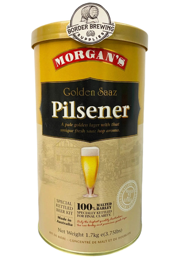 Golden Saaz Pilsner Morgan’s Brewing Co. 1.7kg Malt Extract Brewing Kit Special Kettled Beer Kit Golden in colour, lightly hopped, slightly spicy with a distinct Saaz hop aroma.  Made in Australia with premium quality ingredients