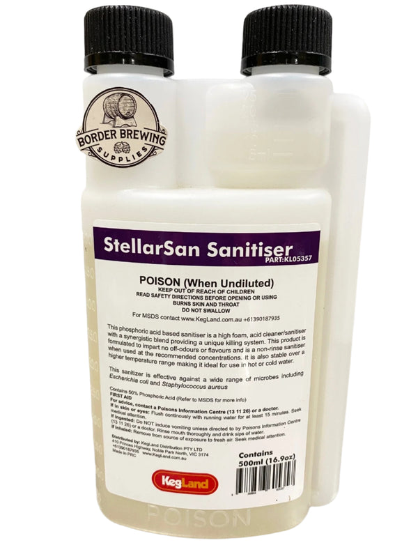 StellarSan Sanitiser No Rinse 500ml 100% Food Grade Perfect for santising all your brewing equipment and surface areas.  Not suitable for use on wood, unglazed porcelain or other porous materials, soft metal such as aluminium, copper or brass.  Phosphoric Based - similar to StarSan