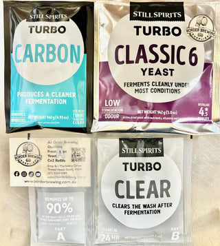 Classic 6 PACK
Turbo Yeast
Still Spirits
Classic 6 Turbo Yeast, a clean yeast with Low Fermentation odour.
Turbo Carbon has a unique structure which removes impurities during fermentation.
Turbo Clear removes yeast cells, solids and other compounds during the wash.