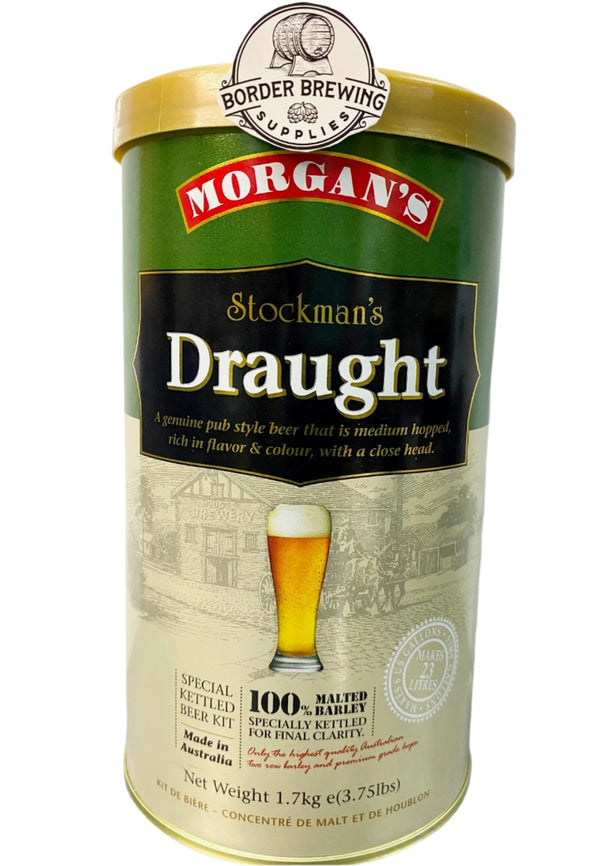 Stockman's Draught Morgan’s Brewing Co. 1.7kg Malt Extract Brewing Kit Special Kettled Beer Kit A genuine “from the tap” pub style beer that is medium hopped, rich in colour and flavour with a close head.  Made in Australia with premium quality ingredients.