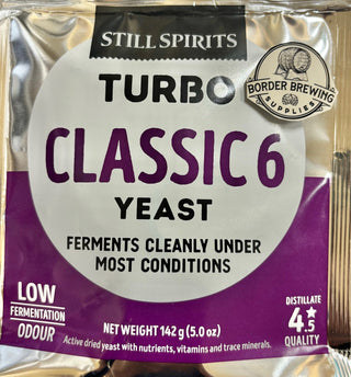 Classic 6
Turbo Yeast
Still Spirits
A yeast and nutrient mix with a low fermentation odour. Specifically formulated to ferment 6kg Sugar across a wide range of temperatures, whilst producing a clean-tasting spirit.